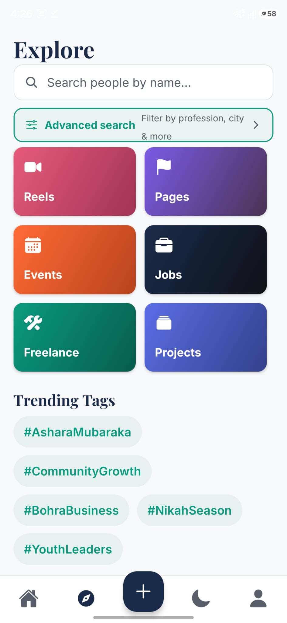 Explore screen with hubs and trending tags