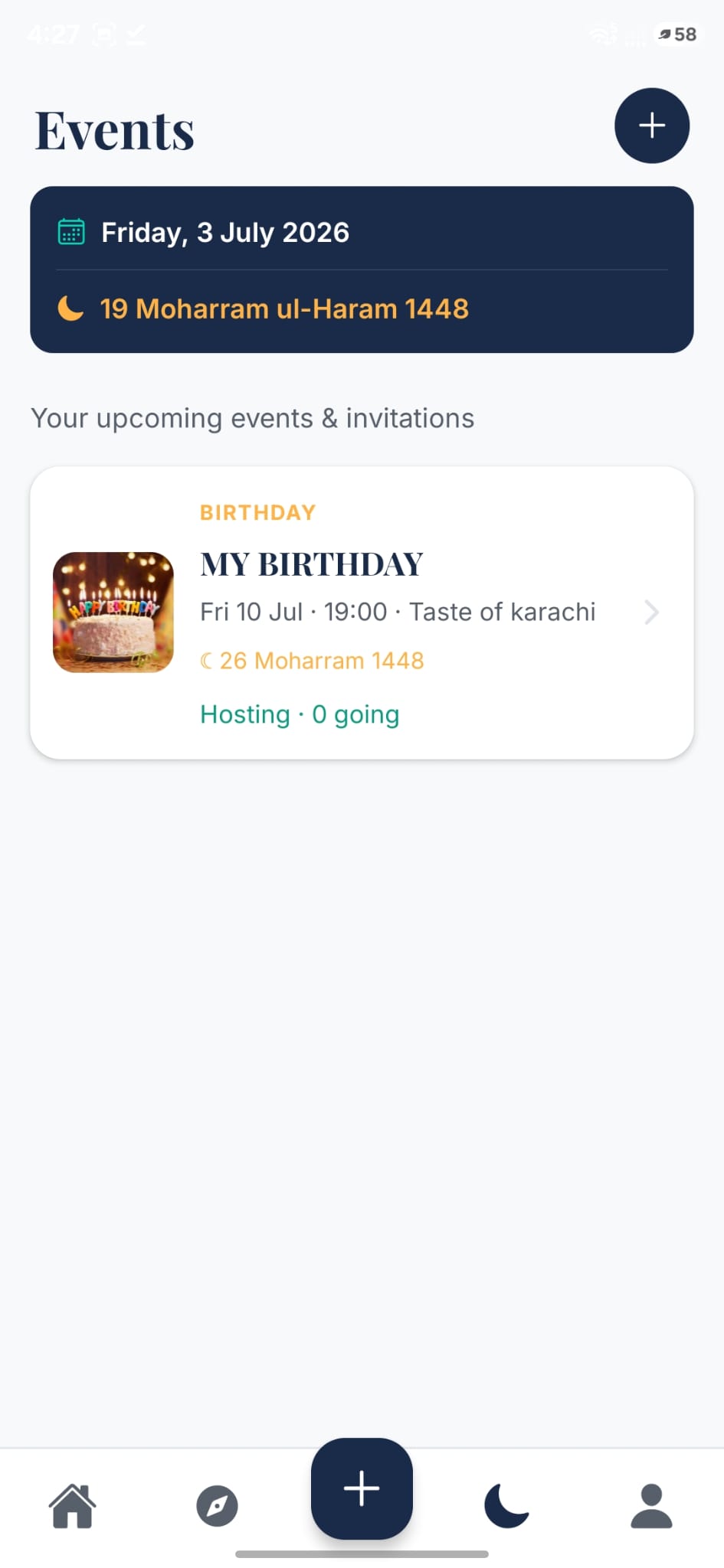 Events screen with Hijri calendar