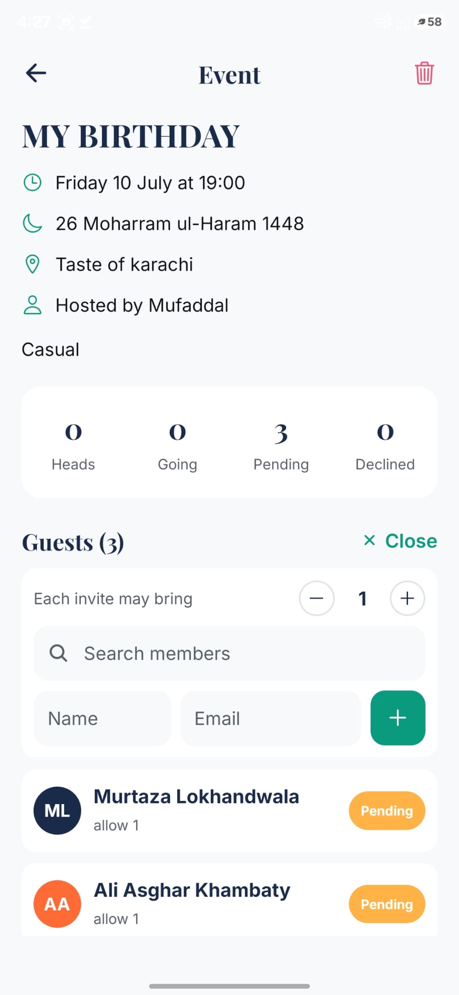 Event detail with guest list and RSVPs