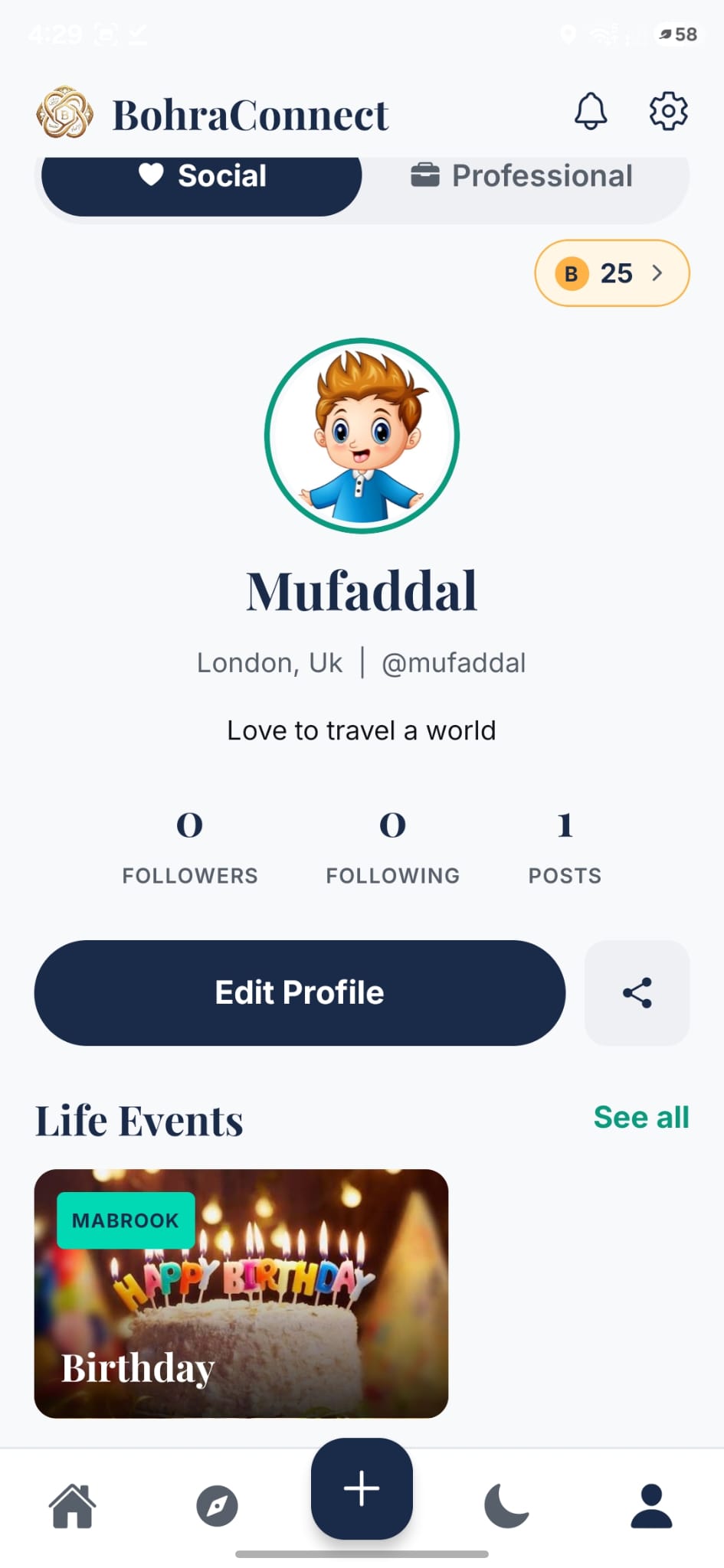 Social profile with B-Coin balance